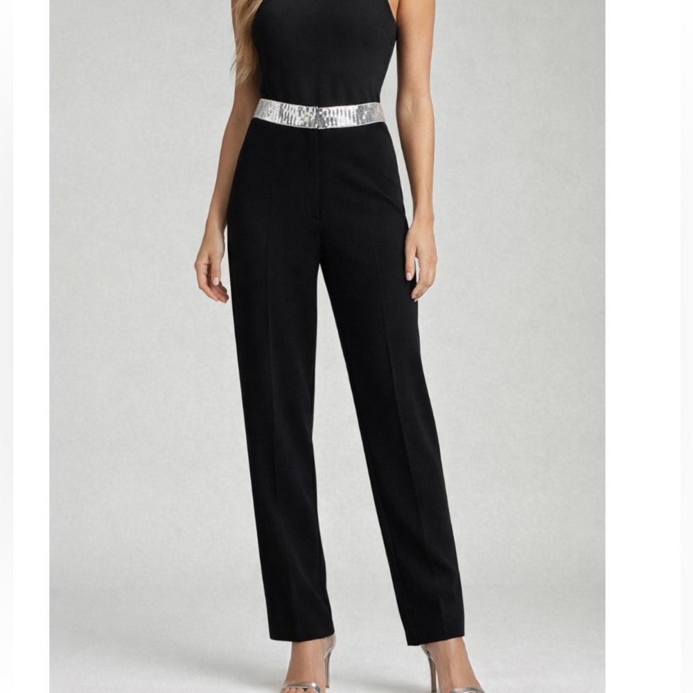 LARRY LEVINE Black & Silver Sequin Tailored Relaxed Fit Trouser Pants Sz 8 NWOT